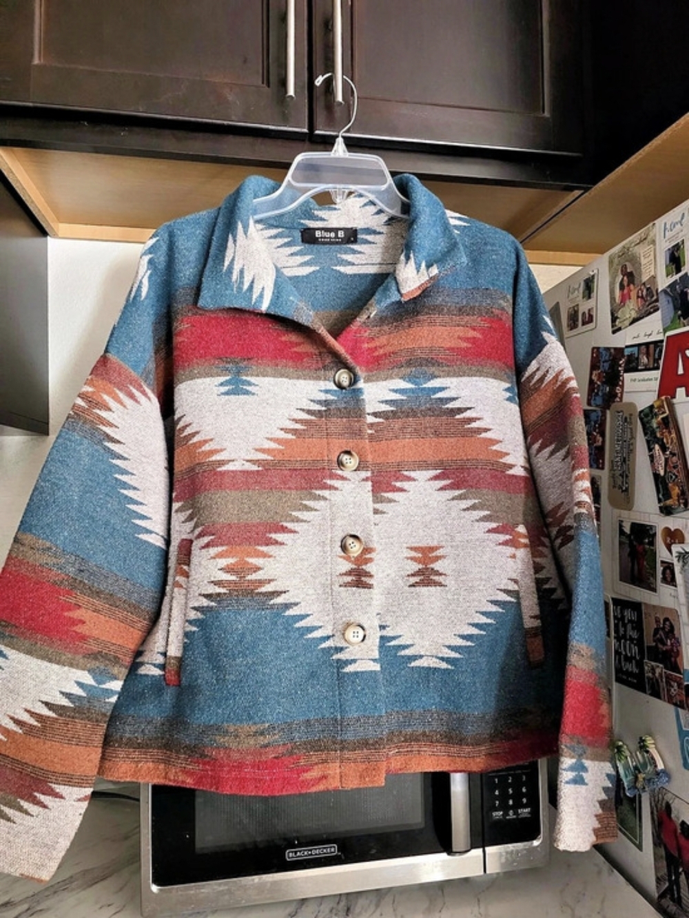 Blue B Geometric Button-Front Jacket in Blue & Red Large Like New